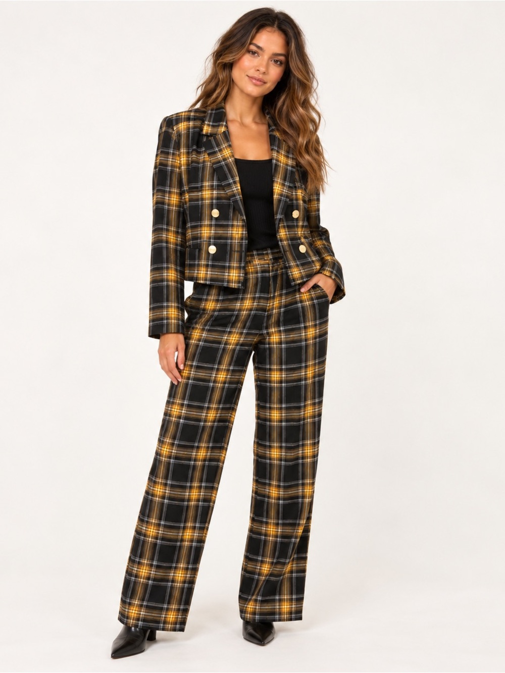 Cato Black & Yellow Plaid Wide-Leg Pants